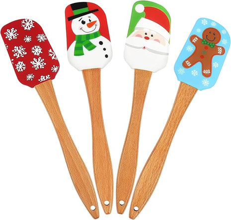 BOYAN Christmas Silicone Spatula, Set of 4, Christmas Spatulas with Wooden Handle for Baking, Kitchen Utensils Baking Supplies for Cooking, Gifts and Decoration