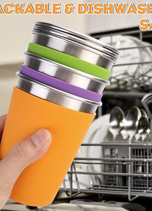 Kids Stainless Steel Cups, 12oz Kids Metal Drinking Glasses with Lids and Sleeves, Unbreakable Spill Proof Cups for Kid and Adult, Stacking Sippy Cups for Hot Chocolate & Cold Drinks 5Pack