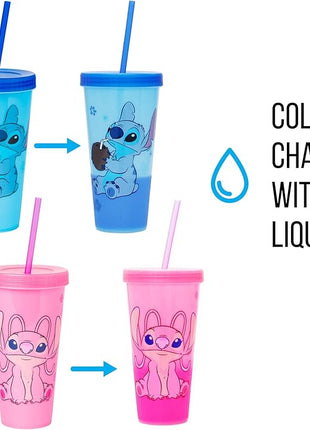 Silver Buffalo Disney Lilo and Stitch Angel Coconut Flowers 2 Count Color Change Plastic Tumbler, 24-Ounce (Pack of 12)