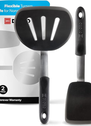 DI ORO Silicone Turner Spatula Set - Kitchen Spatulas for Nonstick Cookware - Flexible & Thin Flippers for Eggs & Pancakes - 600°F Heat-Resistant & BPA Free Cooking Utensils (2pc, Black)