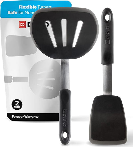DI ORO Silicone Turner Spatula Set - Kitchen Spatulas for Nonstick Cookware - Flexible & Thin Flippers for Eggs & Pancakes - 600°F Heat-Resistant & BPA Free Cooking Utensils (2pc, Black)