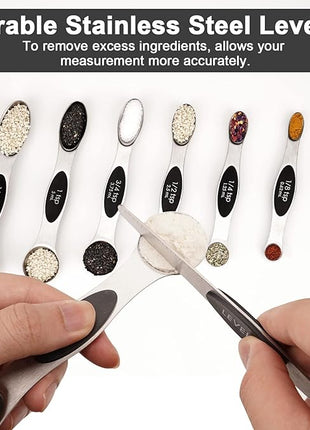 Aovchei 9 PCS Magnetic Measuring Spoons Set, Dual Sided, Stainless Steel Small Tablespoon, Teaspoons, Fits in Spice Jars, for Dry and Liquid, Black