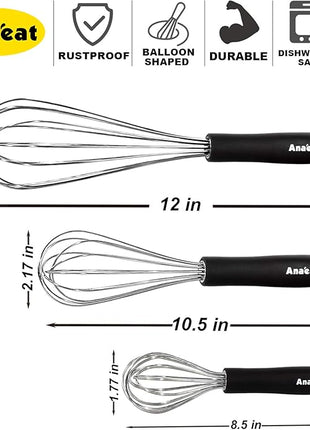 3 Packs Stainless Steel Whisk Set - Balloon Whisk, Anaeat Thick Stainless Steel Wire ＆ Strong Handles, Egg Beater for Cooking, Blending, Whisking, Beating and Stirring (8.5"+10.5"+12")