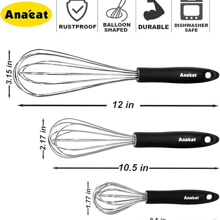 3 Packs Stainless Steel Whisk Set - Balloon Whisk, Anaeat Thick Stainless Steel Wire ＆ Strong Handles, Egg Beater for Cooking, Blending, Whisking, Beating and Stirring (8.5"+10.5"+12")