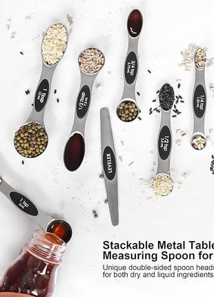 Magnetic Measuring Spoons Set Stainless Steel with Leveler-9pcs Stackable Metal Tablespoon Measure Spoon for Baking-Measuring Cups and Spoon Set Kitchen Gadgets Apartment Essentials Fits in Spice Jars