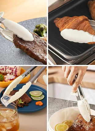 Kitchen Tongs, 9 Inch Tongs for Cooking with Silicone Tips, Food Grade Small Silicone Tongs, Mini Serving Tongs for Nonstick Pans, BBQ, Salad, Set of 3, White