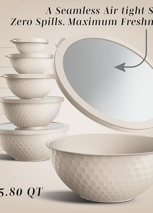 COOK WITH COLOR Mixing Bowls with Lids - 12 Piece Plastic Nesting Bowls Set includes 6 Prep Bowls and 6 Lids, Non Slip Bottom and Embossed Design - Microwave Safe (Cream)