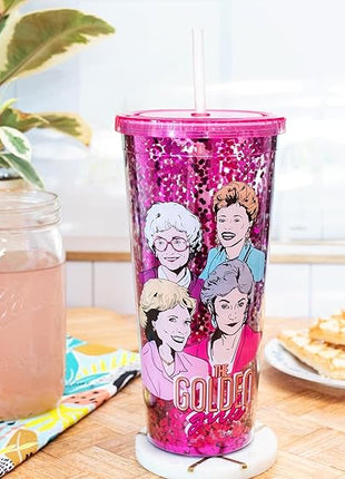 Silver Buffalo The Golden Girls Featuring Blanche, Sophia, Dorothy, and Rose Plastic Confetti Cold Cup with Lid and Straw, 32 Ounces