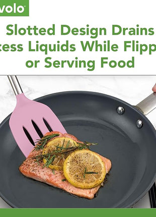 Tovolo Slotted Silicone Spatula Turner Slotted Stainless Steel Handle 10" Pink Sorbet Heat Resistant Non Toxic BPA Free Kitchen Utensil, Silicone Egg Pancake Flipper Metal Handle Turner for Cooking