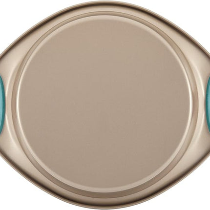 Rachael Ray 47578 Cucina Nonstick Bakeware Set with Grips Includes Nonstick Bread Pan, Baking Sheet, Cookie Sheet, Baking Pans, Cake Pan and Muffin Pan - 10 Piece, Latte Brown with Agave Blue Grips
