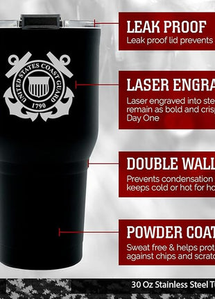 Military Gift Shop 30 oz Black Double Wall Vacuum Insulated Stainless Steel US Coast Guard Tumbler Travel Mug