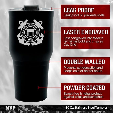 Military Gift Shop 30 oz Black Double Wall Vacuum Insulated Stainless Steel US Coast Guard Tumbler Travel Mug