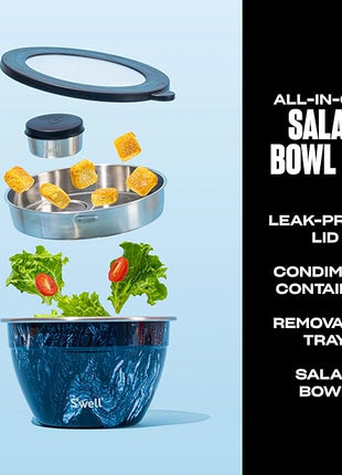 S’well Stainless Steel 64oz Salad Bowl Kit, Azurite Color, Includes 2oz Condiment Container and Removable Tray, Leak-Proof, Easy to Clean, Dishwasher Safe