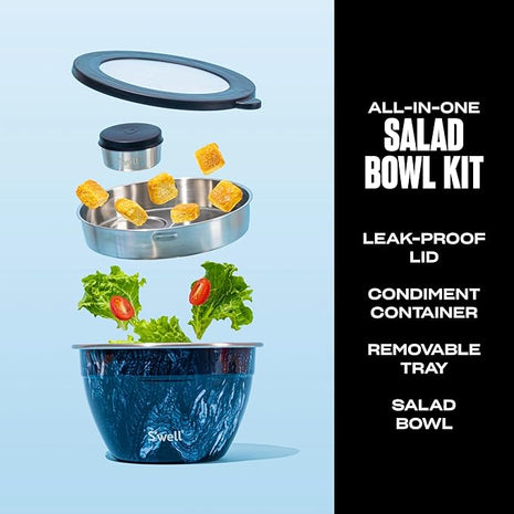 S’well Stainless Steel 64oz Salad Bowl Kit, Azurite Color, Includes 2oz Condiment Container and Removable Tray, Leak-Proof, Easy to Clean, Dishwasher Safe
