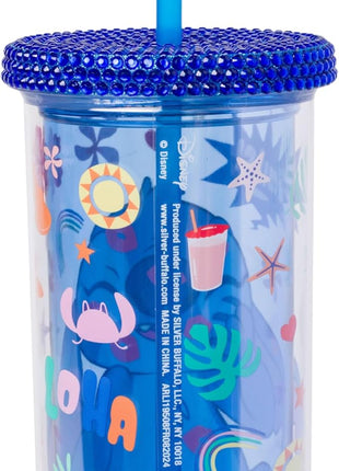 Silver Buffalo Lilo and Stitch Smiles Kisses and Icons Rhinestone Lid 20oz Plastic Tall Cold Cup w/Lid and Straw
