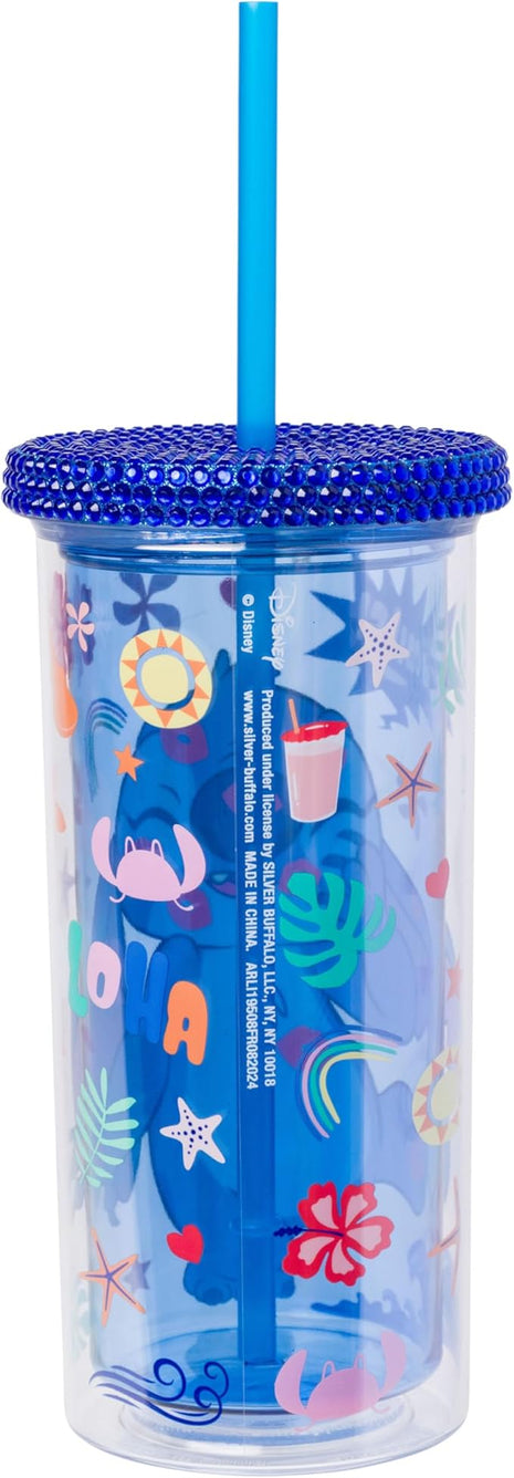 Silver Buffalo Lilo and Stitch Smiles Kisses and Icons Rhinestone Lid 20oz Plastic Tall Cold Cup w/Lid and Straw
