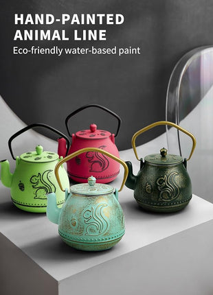 Toptier Teapot with Removable Infuser, Cast Iron Tea Kettle Stovetop Safe, Squirrel Design Tea Pot Coated with Enameled Interior for 32 Ounce (950 ml), Aqua