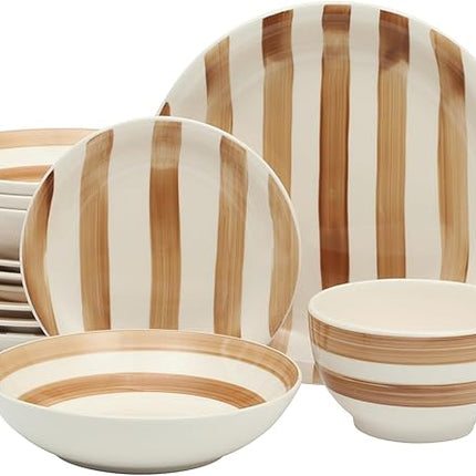 Gibson Home Kenwood Shores 16 Piece Dinnerware Set, Brown Striped, Stoneware, Hand-Painted Plates and Bowls, Service for 4, Microwave & Dishwasher Safe