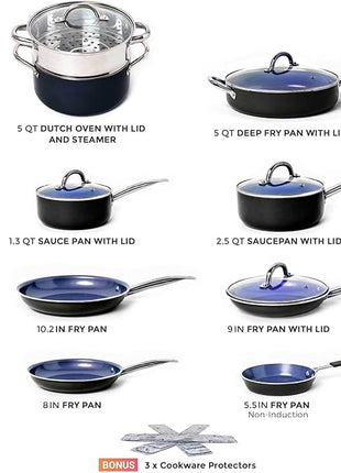 Mueller UltraClad Sapphire Pots and Pans Set Nonstick, 14 Piece Induction Cookware Sets, Aluminum Body, Includes Non Stick Deep Frying Pan, Sauce Pans for Cooking, Dutch Oven and More