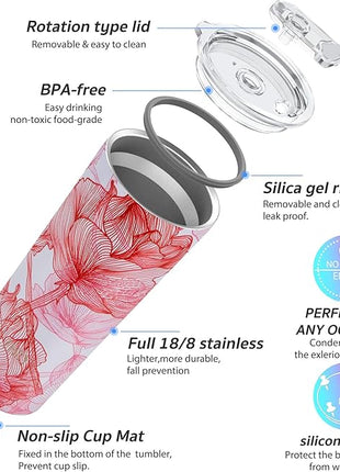 THILY Tumbler Stainless Steel Coffee Cup 26 oz Triple-Insulated Travel Mug with Splash-Proof Lid, Reusable, BPA Free, for Iced Water and Hot Beverage Smoothies Cup, Red Lotus