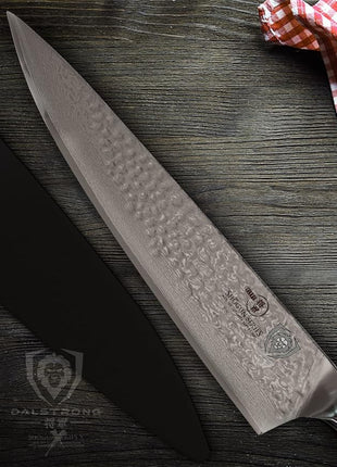 Dalstrong Chef Knife - 10.25 inch Blade - Shogun Series ELITE - Damascus - Japanese AUS-10V Super Steel - G10 Black Handle - Razor Sharp Kitchen Knife - Hammered Finish - Chef's Knife - Sheath