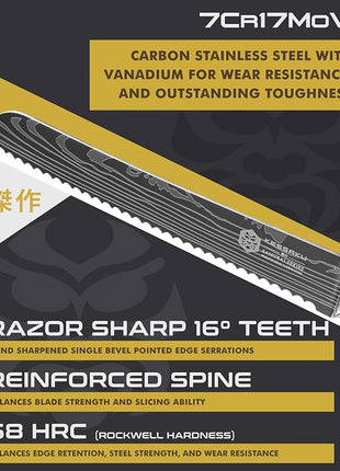 KESSAKU Serrated Bread Knife - 8 inch - Samurai Series - Razor Sharp Kitchen Knife - Forged 7Cr17MoV High Carbon Stainless Steel - Wood Handle with Blade Guard