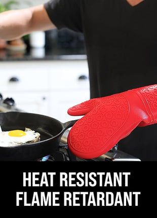 BPA-Free Soft Silicone Oven Mitts - Ultra Heat Resistant Oven Mitts with Thick Cotton Liner - Extra Long Slip Resistant Pot Holders, Flexible Oven Gloves - Red/Black 14.7"
