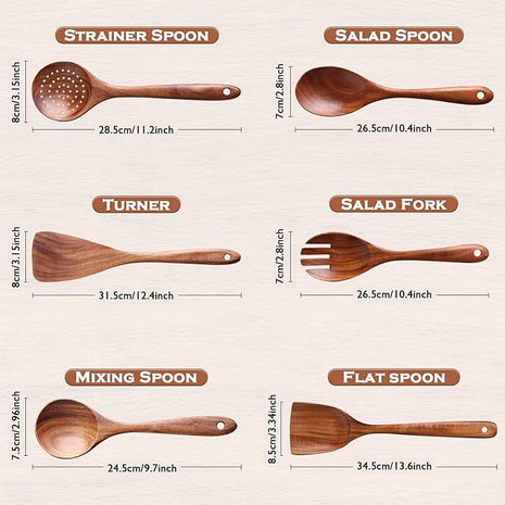 Wooden Spoons for Cooking, 6 Pcs Wooden Utensils for Cooking, Natural Teak Wood Non-Stick Cooking Spoons, Wood Utensils Set for Kitchen