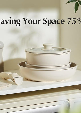 Redchef Ceramic Pots and Pans Set Non Stick, Nonstick Kitchen Cookware Sets, Non Toxic Pots and Pans Set Non Stick, PFAS PFOA & PTFE Free, Detachable Handle Pots and Pans 5 Piece, RV Cookware