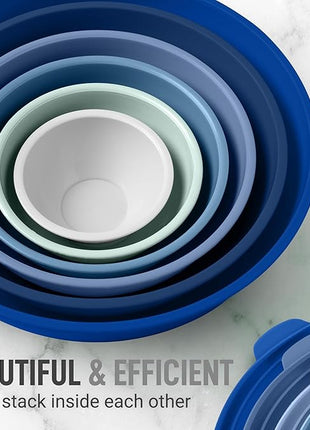 Zulay Kitchen 12 Piece Plastic Mixing Bowls with Leak-Proof Lids Set - Microwave and Freezer Safe Kitchen Mixing Bowls for Preparing, Serving and Storing - Large Nesting Bowls (Blue Ombre)