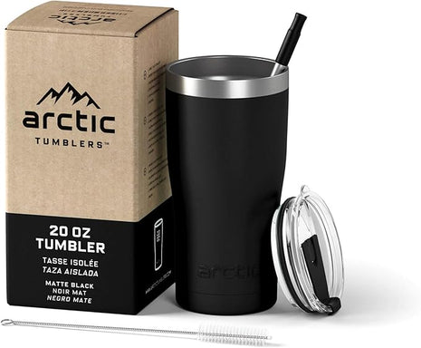 Arctic Tumblers | 20 oz Matte Black Insulated Tumbler with Straw & Cleaner - Retains Temperature up to 24hrs - Non-Spill Splash Proof Lid, Double Wall Vacuum Technology, BPA Free & Built to Last