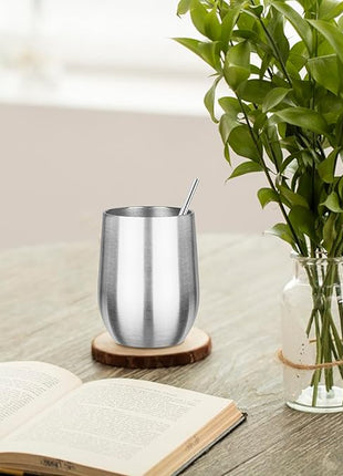 MEZMUT 12oz Insulated Wine Tumbler with Lid Double Wall Vacuum Stainless Steel Wine Glass Coffee Mug Insulated Tumbler Cup for Champaign, Cocktail, Beer (Silver,4 Pack)