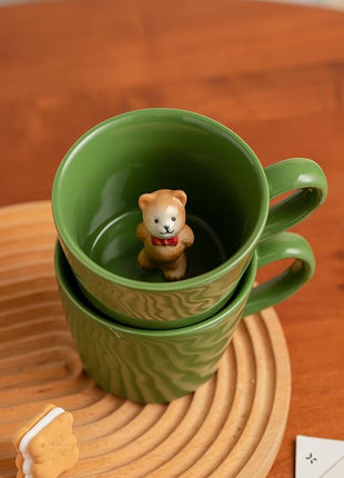 DIHOclub Bow Tie Bear Coffee Cup Hidden Ceramic Animal Inside Mug,Cute Cartoon Handmade Figurine Mugs,Holiday and Birthday Gift for Coffee Milk Tea Lovers,12 Oz(Green)