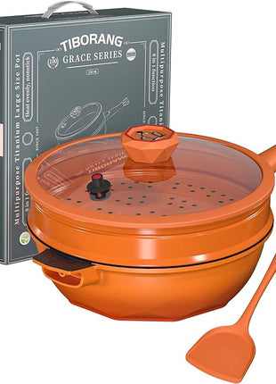 TIBORANG 8 in 1 Multipurpose 11 Inch 5 Quart Heat Indicator Nonstick Deep Frying Pan with Glass Lid,Stay-cool Handle,Steamed Grid,PFOA-Free,Dishwasher&Oven Safe,Works with All Stovetops(Tangerine)