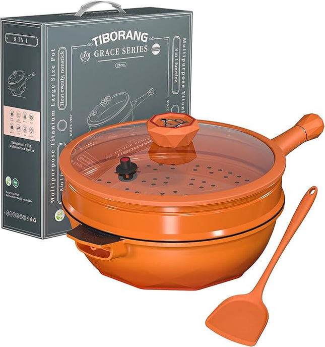 TIBORANG 8 in 1 Multipurpose 11 Inch 5 Quart Heat Indicator Nonstick Deep Frying Pan with Glass Lid,Stay-cool Handle,Steamed Grid,PFOA-Free,Dishwasher&Oven Safe,Works with All Stovetops(Tangerine)