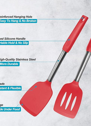Silicone Spatula and Cooking Spoon,5 Pack Non-Stick Cooking Utensils for Kitchen，Heat Resistant Solid & Slotted Spoons and Spatulas, Stainless Steel Handle Coated with Silicone,Red