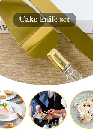 Adorox Elegant Cake Knife and Server Set - Stainless Steel with Crystal Handle - Perfect for Weddings & Anniversaries,and Special Celebrations (Gold)