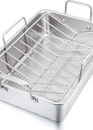 P&P CHEF 16" Roaster Roasting Pan with Baking Rack and V-shaped Rack, Stainless Steel Rectangular Lasagna Pan with Handles for Turkey Chicken, Healthy & Dishwasher Safe, 3 Pieces, Silver