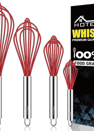 HOTEC 4 Pieces Silicone Whisks Set, Wire Balloon Whisks Egg Beater, Non-slip Handle Whisk for Non-stick Cookware Perfect for Cooking, Stirring, Beating and Blending (Red)