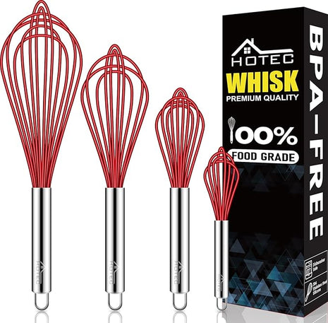 HOTEC 4 Pieces Silicone Whisks Set, Wire Balloon Whisks Egg Beater, Non-slip Handle Whisk for Non-stick Cookware Perfect for Cooking, Stirring, Beating and Blending (Red)