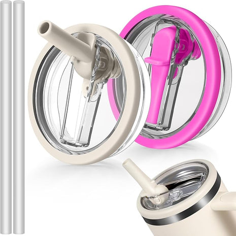 40oz Flip Straw Leak Proof Lid for Stanley H2.0 Quencher Protour Tumbler, 2 Pack Spill Proof Lid Replacement Straw Cover Top for 40 OZ Stanley Cup Accessories (Beige, RoseRed)