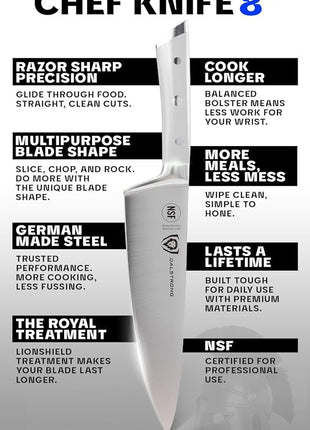 DALSTRONG Chef Knife - 8 inch Blade - Gladiator Series - Forged High Carbon German Steel - Razor Sharp Kitchen Knife - Professional Full Tang Knives - Glacial White Handle ABS - Sheath - NSF Certified