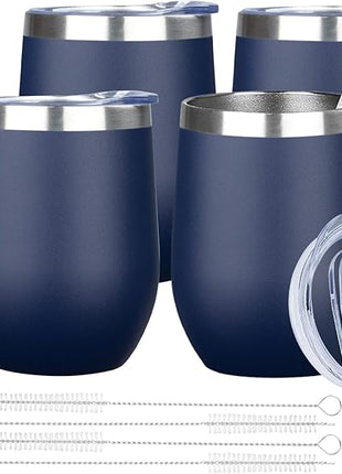 MEZMUT 12 Oz Insulated Wine Tumbler with Lid Double Wall Vacuum Stainless Steel Wine Glass Coffee Mug Insulated Tumbler Cup for Champaign, Cocktail, Beer (Navy, 4 Pack)