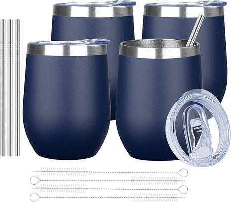 MEZMUT 12 Oz Insulated Wine Tumbler with Lid Double Wall Vacuum Stainless Steel Wine Glass Coffee Mug Insulated Tumbler Cup for Champaign, Cocktail, Beer (Navy, 4 Pack)