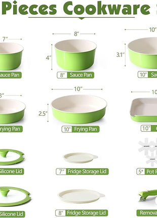 SENSARTE 17 Piece Ceramic Pots and Pans Set, Nonstick Detachable Handle Cookware, Induction Kitchen Cookware Set with Removable Handle, Dishwasher ＆ Oven Safe (Green)