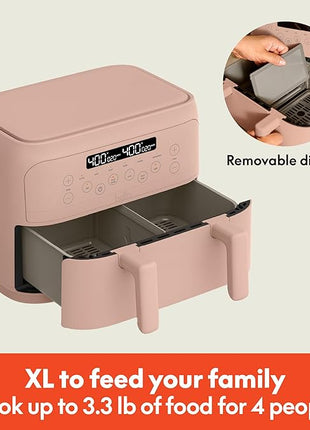 bella 4 Qt TriZone Air Fryer, EverGood™ Ceramic Nonstick Coating, Dual Basket Design w Removable Divider, Digital Touchscreen Control w 6 Preset Cooking Options, 1200 Watt, 3lb Capacity, Blossom