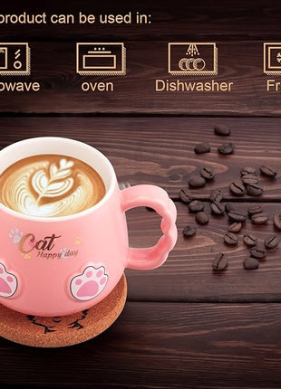 Bgbg Cute Cat Mug, Novelty Ceramic Coffee Tea Milk Cup with Lovely Kitty Lid, Kawaii Claw Spoon, Anime Coaster, Novelty Things Birthday Christmas Gift for Cat Lovers Women Her, 14 oz, Pink