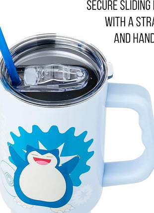 Silver Buffalo Pokémon Stainless Steel Tumbler with Handle Featuring Snorlax, Fits in Standard Cup Holder, 40 Ounces
