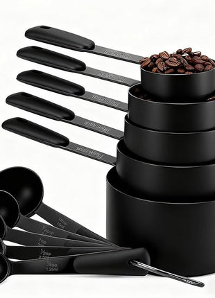 Measuring Cups and Spoons Set, Titanium-Plated Matte Black Stainless Steel 10 Piece for Cooking and Baking (5 Cups + 5 Spoons All Black)