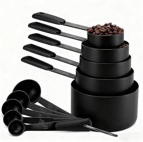 Measuring Cups and Spoons Set, Titanium-Plated Matte Black Stainless Steel 10 Piece for Cooking and Baking (5 Cups + 5 Spoons All Black)